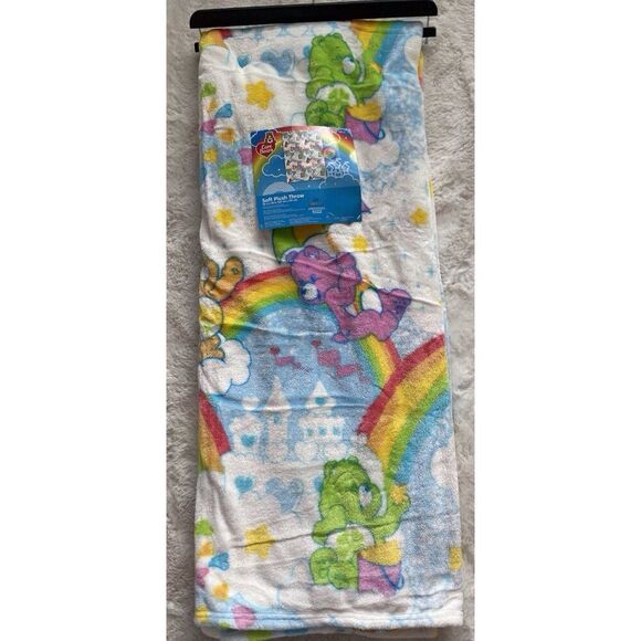 Care Bears Soft Throw Blanket Rainbow Paintbrush Umbrella Clouds 50” X 70” NEW - Picture 1 of 16